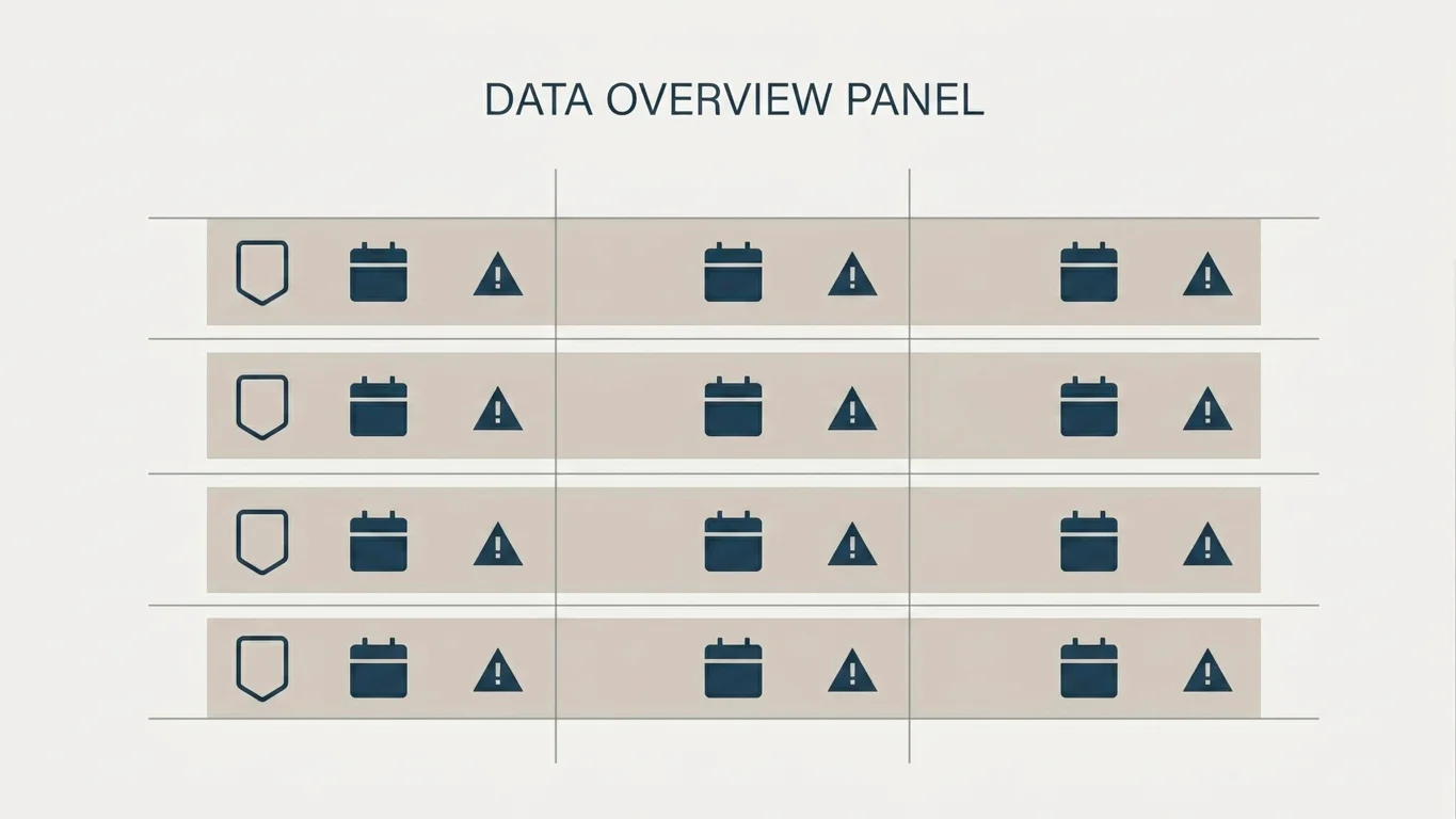 Abstract illustration of rows of comparison cards being weighed against risk markers