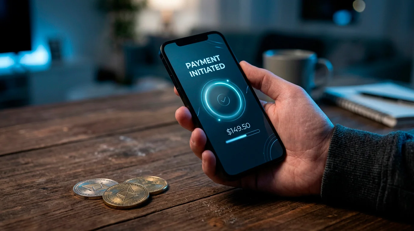 Illustration of cryptocurrency coins and a payment interface on a phone