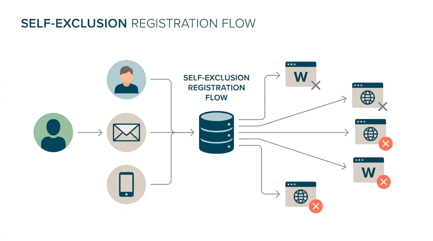 Diagram showing a self-exclusion registration flow with personal details feeding into a central register