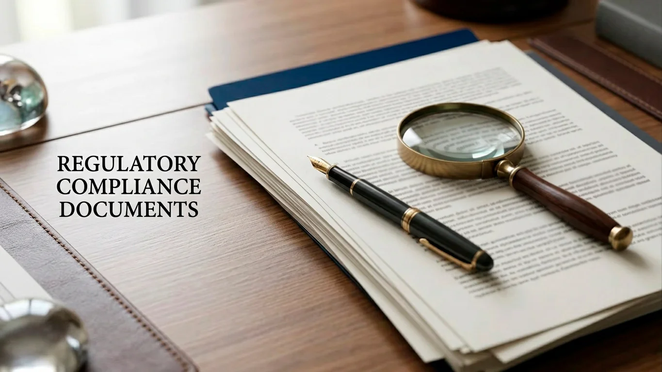 Close-up of UK regulatory documents and a magnifying glass on a desk