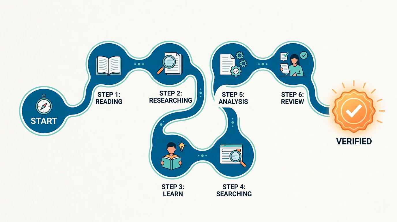 Illustration of a step-by-step checklist path with a verification badge at the end